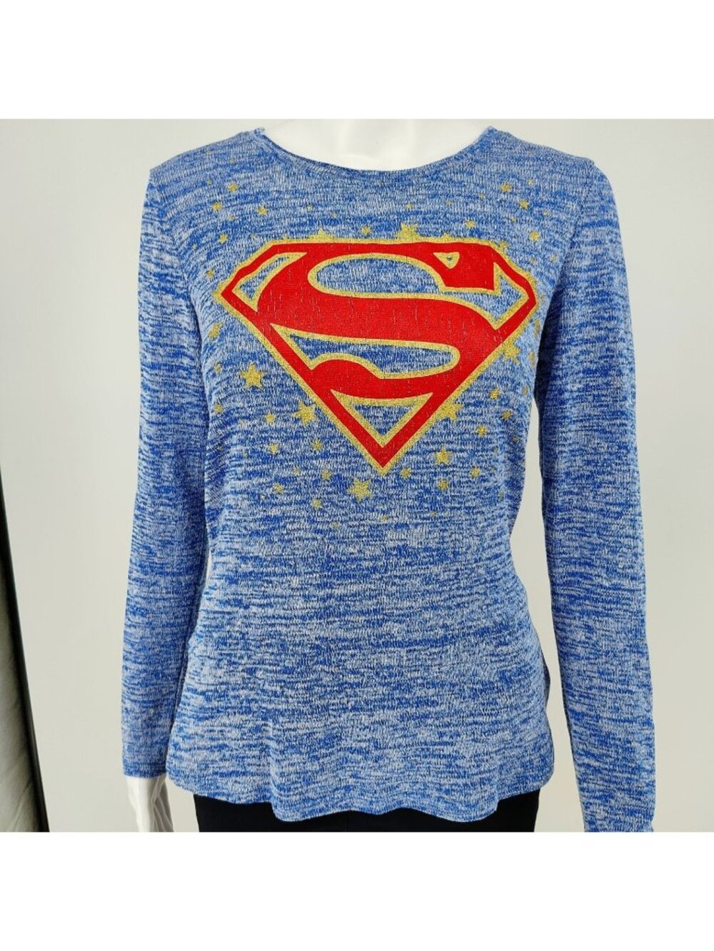 DC Comics Superman Blue Heather and Glitter Gold Long Sleeve Top -Juniors M 7/9